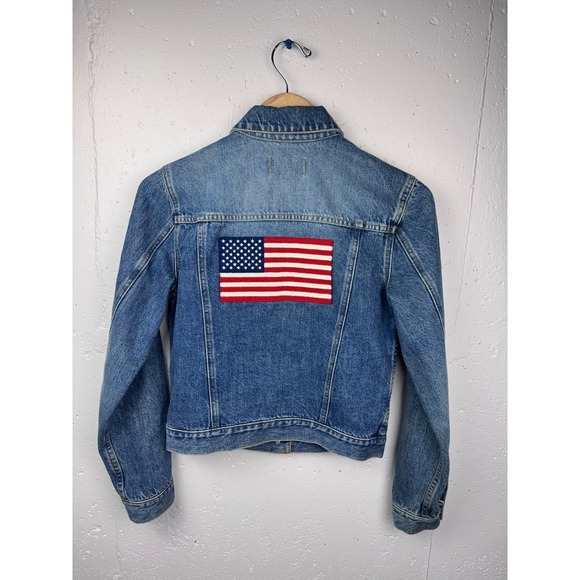 Y2K Ralph Lauren Polo Jeans Co American Flag Patch Denim Jacket Women Sm Cropped - Picture 3 of 10